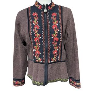 Icelandic Designs Wool Zip Floral Cardigan Small Velvet Trim Metal Accents Artsy